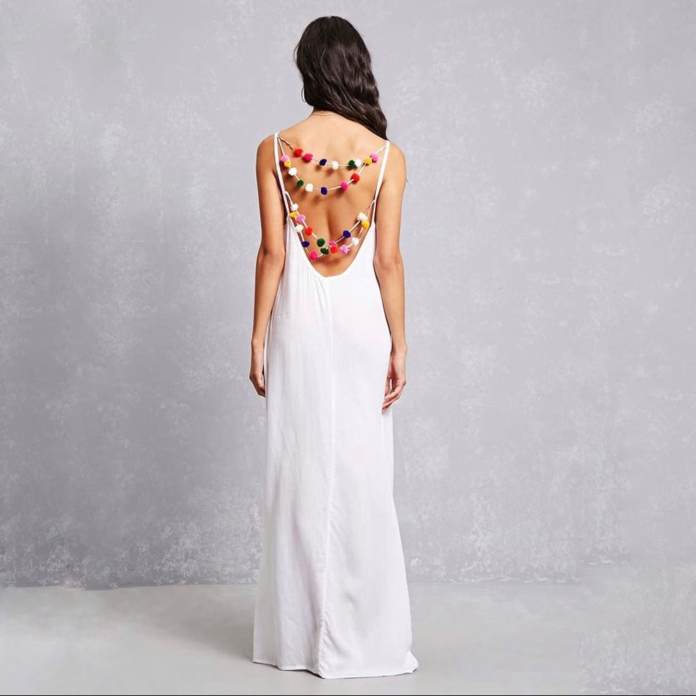 BOHO ME White Pom Pom Maxi Cover-up Dress Size Small